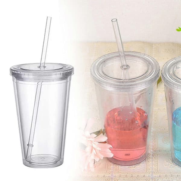 Plastmugg för resor med sugrör, dubbelväggig förseglad transparent drickmugg för fruktjuice smoothie hög kvalitet[2F]