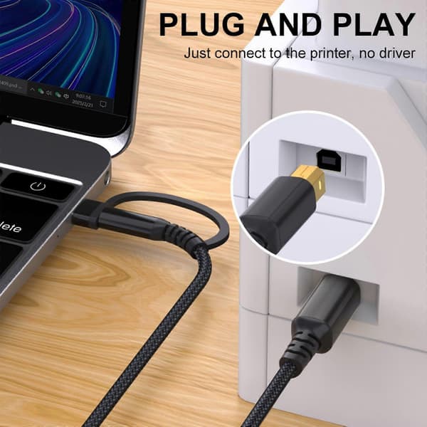 Skriverkabel 2-i-1 USB-A/C til USB B-kabel, USB C-kabel flettet hurtig skriverledning for skriver grå Grey