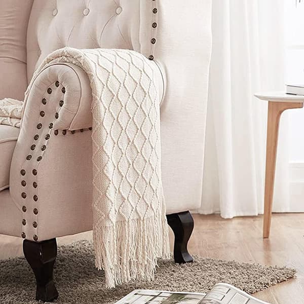 [2F]127x180cm Beige, 1 stk. strikket sofatæppe lille sofatæppe, blødt fleecetæppe Pompon strikket tæppe Aircondition tæppe Biltæppe til