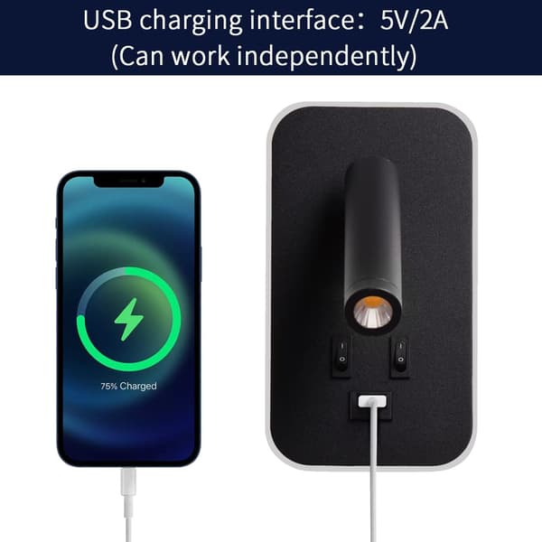 [2F]LED Vegglampe, Nattbordslampe med Bryter, USB-lading P