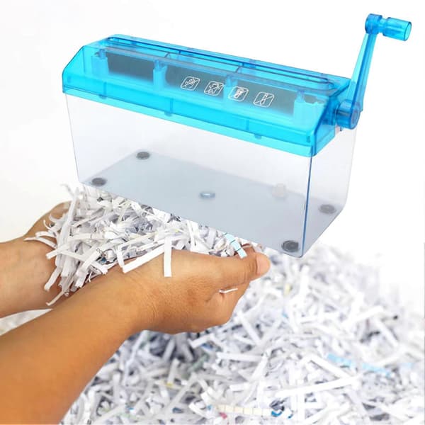 【2F】Pappersförstörare i plast, manuell drift, transparent, A4-storlek, för kontor, blå