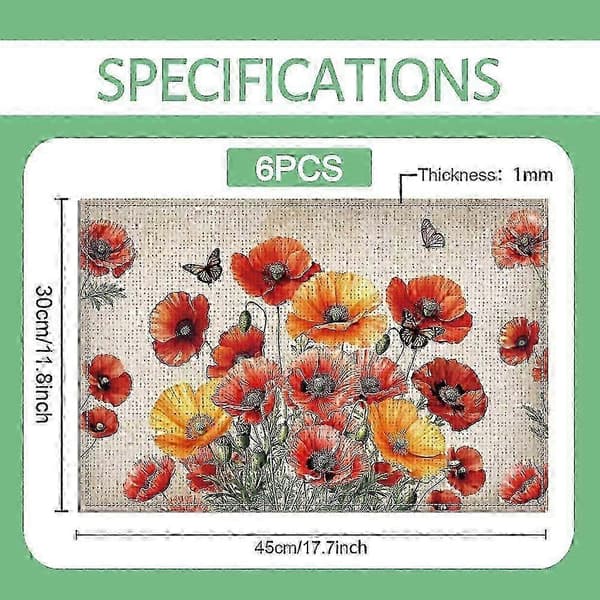 6 stk. røde valmueblomst-spisebrikker, linstoff, 11,8x17,7 tommer, vaskbare, til spisebord