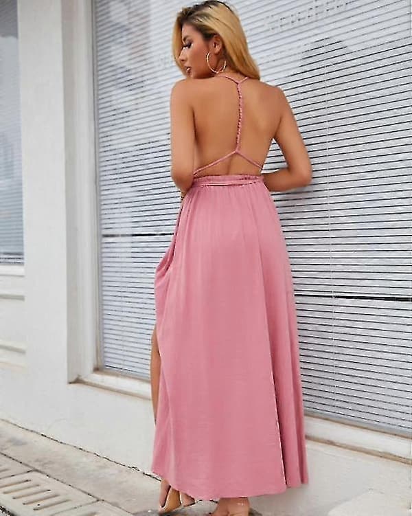 【2F】Dam V-ringad ärmlös avslappnad slits Boho rosa S