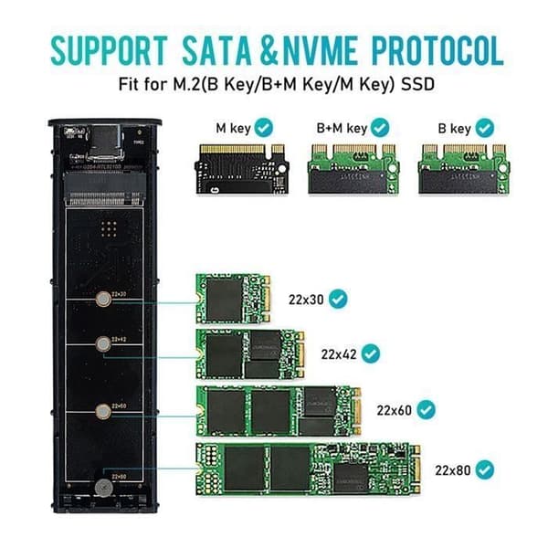 M.2 SSD-kotelo NVMe-kotelo M.2 - USB SSD-sovitin NVMe PCIe NGFF SATA M + Key B 2230 2242 2260 2280 Kaksoisprotokolla