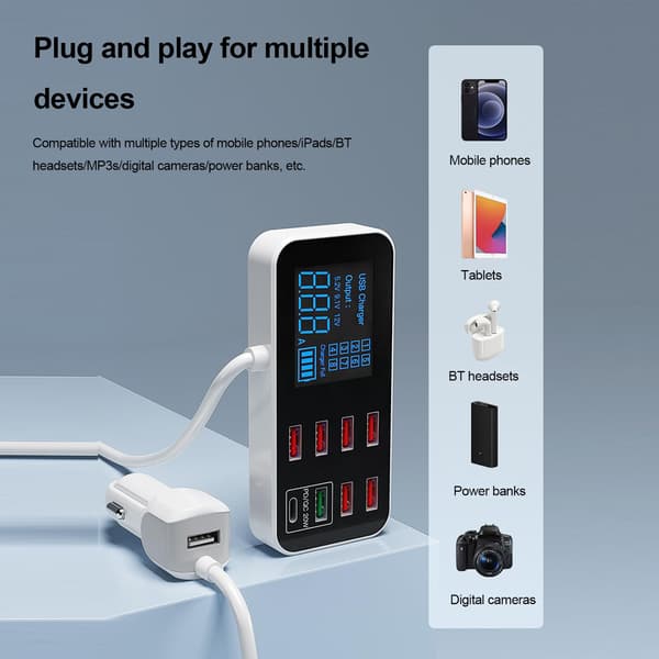 [2F]Biloplader, A9S Mini Hurtigoplader til Bil 8 Port Multi USB LCD Skærm 12V Telefonoplader USB Hub til Telefon Tablet DVR