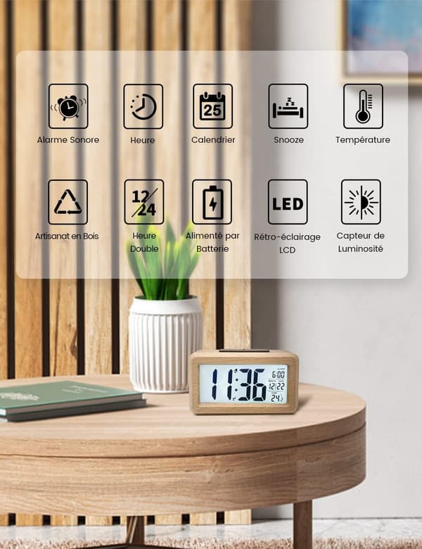 Puinen digitaalinen herätyskello, LED-herätyskello, ei tikittävä digitaalinen