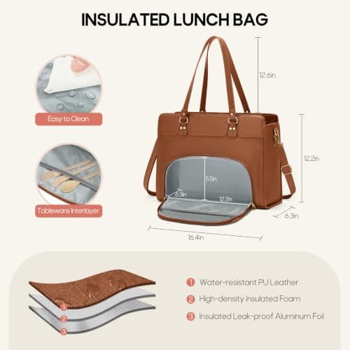 RAINSMORE Laptopveske for kvinner med isolert lunsjrom Brown