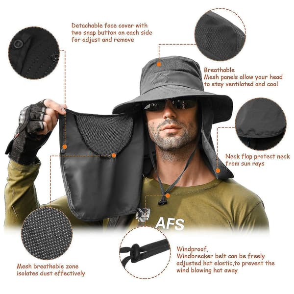 [2F]Fiskarhatt med bred skärm Solhatt Sommar Utomhus UV-skydd Män Het Grey