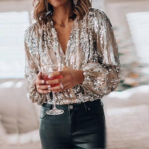 Dame glitrende paljettopp med lange ermer og plissert festbluse silver M