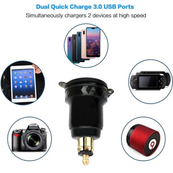 [2F] Motorsykkel Aluminium DIN Hella Plugg Dobbel USB Hurtigladeradapter A1