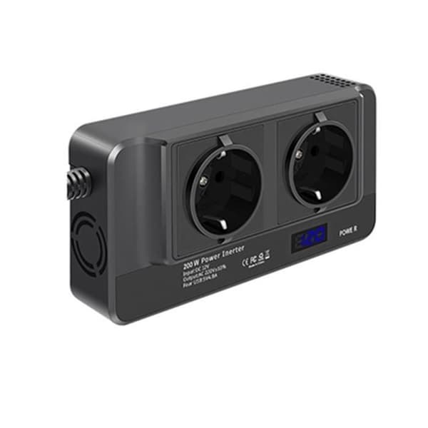 200W Bilstrømomformer, 12V til 220V Spenningsomformer med Intelligent LCD-tidsvisning, 2 Uttak og 4 Ladere