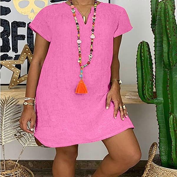 【2F】Dam Plus Size Enfärgad V-ringad Kortärmad Boho Strandklänning Casual Sommarklänning Rosa, M M Rosa