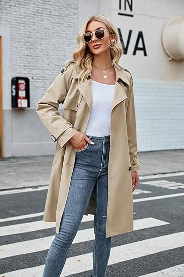 Kvinner Dobbelspent Lang Trenchcoat med Belte Grå Grey L
