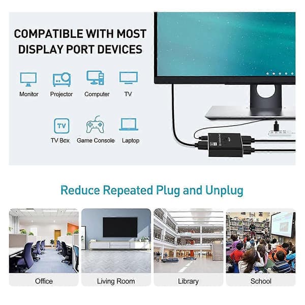 [2F]8K DisplayPort Switch 2 ind 1 ud/ 1 ind 2 ud Display Port DP Switch Understøtter 8K30Hz 4K120Hz til PC