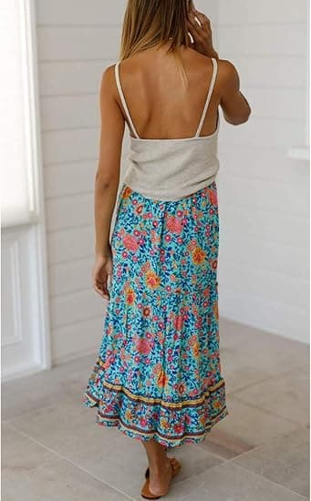 Kvinders Boho Blomsterprint Elastisk Højtaljet Plisseret A-Linje Midi Nederdel blå