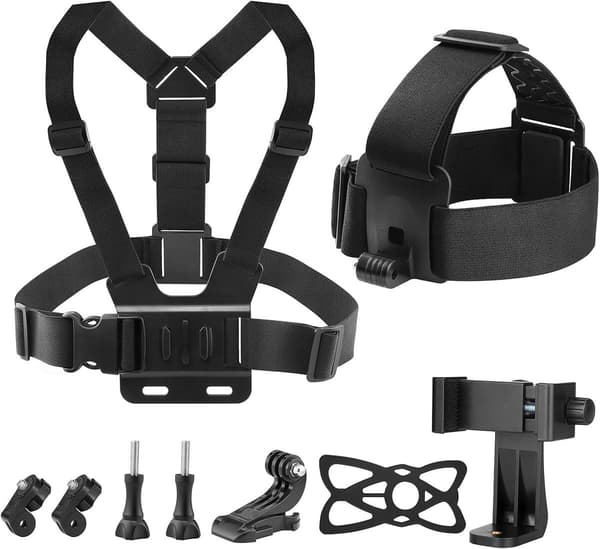 Camera/Smartphone Chest/Headband Mount Kit, Hands-Free Shooting, Compatible with GoPro, iPhone, Samsung, Insta360, DJI (Includes Phone Clip).