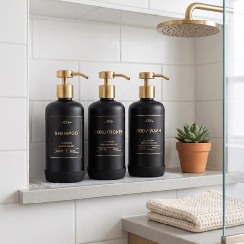 Prus Waso shampoodispenser til bruser, sort og guld | Bruseflasker, badeværelsesbrusedispensere med guldpumper i rustfrit stål, 3 plast Black & Gold