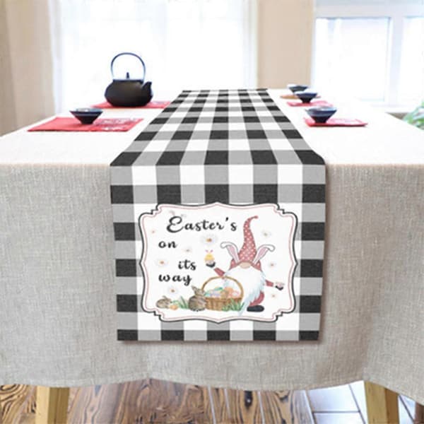 Påske Gnome Trykt Bordløper Bomull Lin Duk Trekk Hjem Fest Dekor Gnome-Pink Plaid Easter Egg