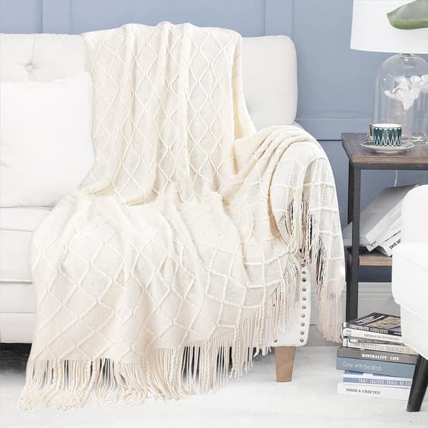 [2F]127x180cm Beige, 1 stk. strikket sofatæppe lille sofatæppe, blødt fleecetæppe Pompon strikket tæppe Aircondition tæppe Biltæppe til