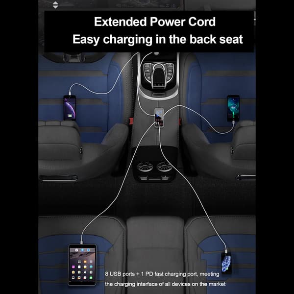 [2F]Biloplader, A9S Mini Hurtigoplader til Bil 8 Port Multi USB LCD Skærm 12V Telefonoplader USB Hub til Telefon Tablet DVR