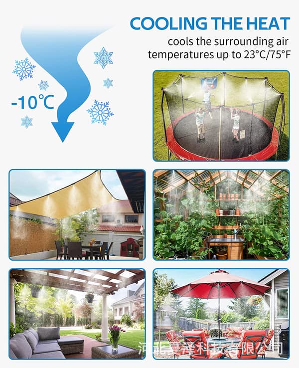[2F]15M Utomhus uteplats dimmaskin, dimsystem dimkylsystem, dimslangset för trädgårdsparasoll, studsmatta, växthus, pool (18 munstycken)