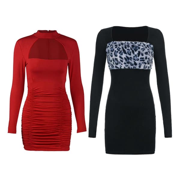 【2F】Dame ensfarget sexy hul slim minikjole rød M