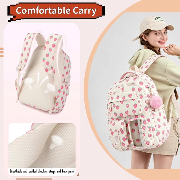 3-piece Backpack Set for Girls, Cute Corduroy School Backpack with Lunch Bag, Bow and Multiple Pockets Light Pink Light Pink Strawberry