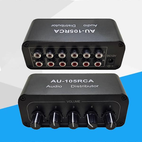 HiFi Stereo RCA Audio Splitter/Selector 1-IN-5-OUT Audio Switcher med volymkontroll js