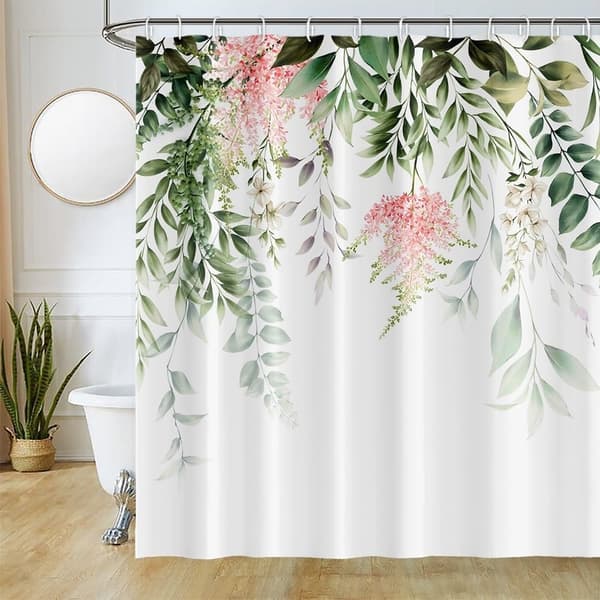 Grønne Blader Dusjforheng, Eukalyptus og Rosa Blomst Dusjforheng, Anti-Mugg Vanntett Badeforheng, Vaskbart Polyester Stoff Baderomsforheng