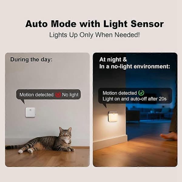 LED Sensor Nattlys med Skumringssensor og Bevegelsessensor, Oppladbar, Varmhvit, for Soverom, Trapp, Skap Vit