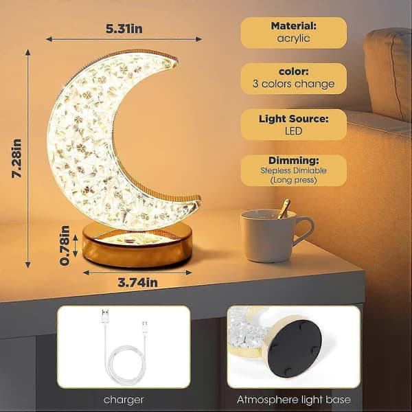 Krystallmånebordlampe, berøringsnattbordslampe for soverom, månenattlys