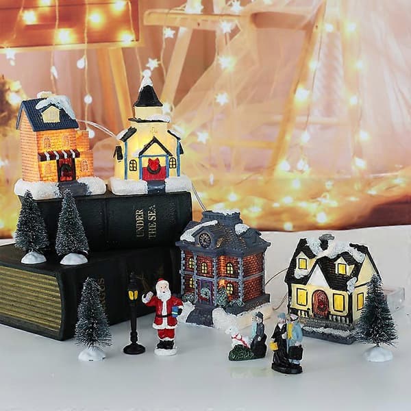 Resin 12 stk. julepynt glødende lite hus LED resin lite hus julemikrolandskap resinpynt[2F]