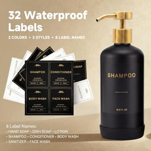 Prus Waso shampoodispenser til bruser, sort og guld | Bruseflasker, badeværelsesbrusedispensere med guldpumper i rustfrit stål, 3 plast Black & Gold
