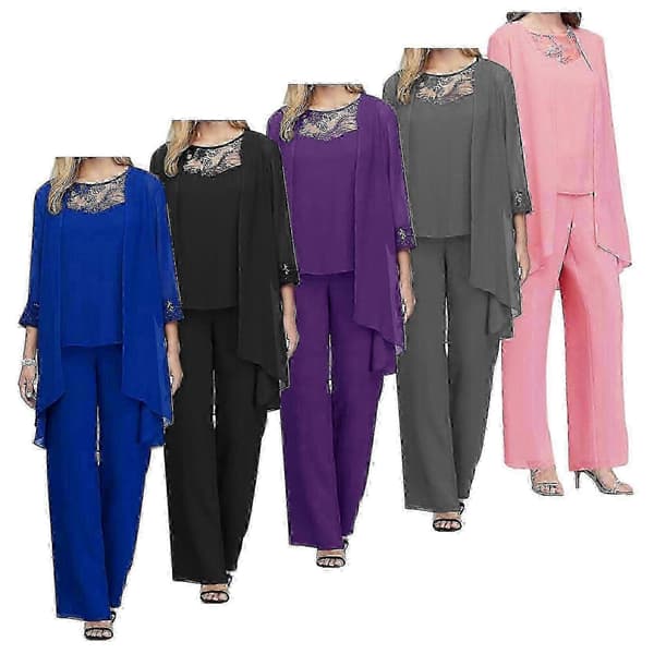 Brudens mor buksejakkesæt 3 dele kvinder bryllup formelt outfit sæt chiffon aftenkjole plus størrelser grå gray M