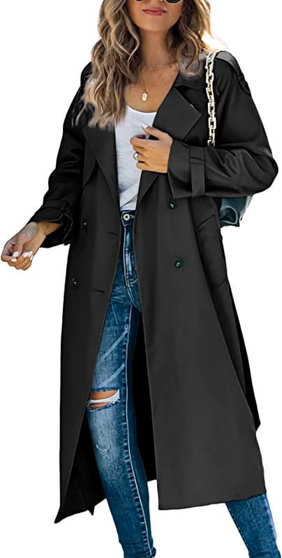 Kvinders dobbeltradet lang trenchcoat med bælte sort Black L