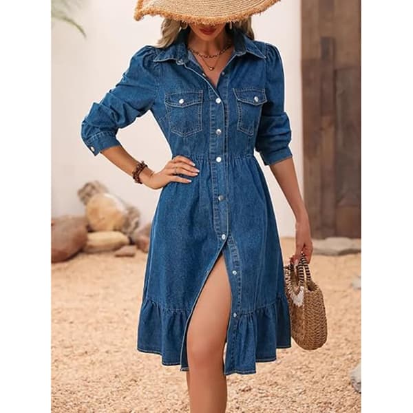 Flowy denimkjole til kvinder, svingende kjole med flæser M
