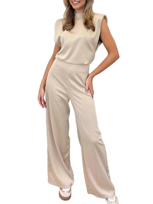 Brede sateng-jumpsuits kompatible med kvinner - Elegant ermeløs cocktailkjole med høy hals Beige S Beige Beige S