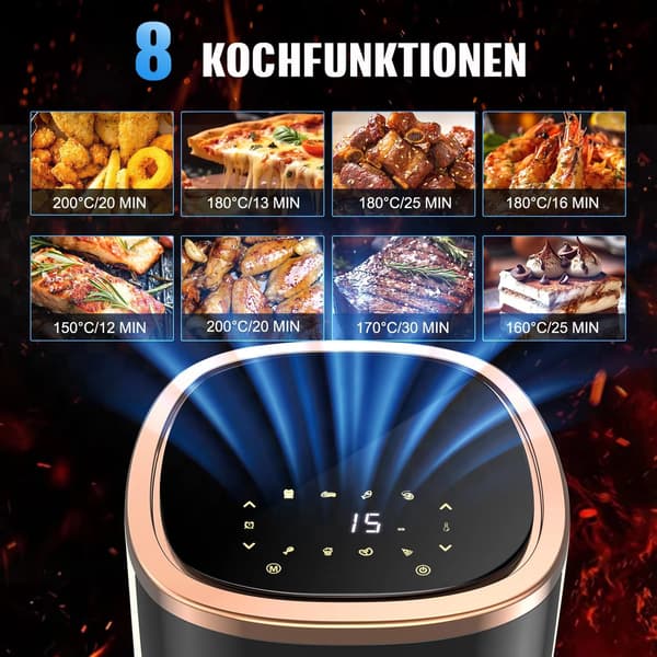 6L 1800W Airfryer med visningsvindue - 8-i-1 Digital Display, Timerfunktion til Sund Friturestegning - Sort Black