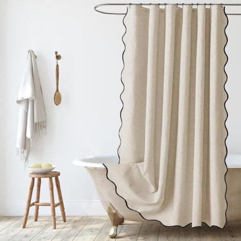 Mønstret linned badeforhæng 180x180cm, vandtæt og vaskbart, skimmelresistent, til badeværelset med ringe, lyserød
