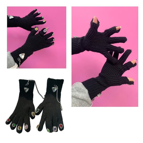 for Rhinestone Nail Decor Strikkede Hansker Vinter Berøringsskjerm Split Finger Vanter Black