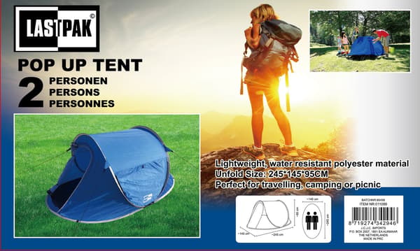 Pop-up-teltta 2 henkilöä vedenpitävä + UV-suoja 1853