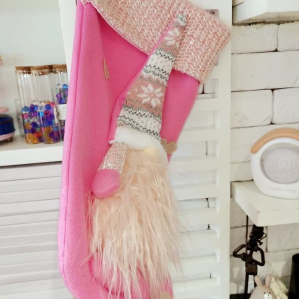 (45*23cm) Pink Julemandssok Gnom Tomte Dværg Svensk Julemand Julepose til Juletræspynt Ild
