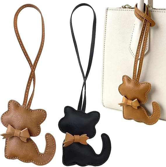 Set med 2 kattformade nyckelringar, PU-läder väskaccessoarer, tecknad kattunge nyckelring