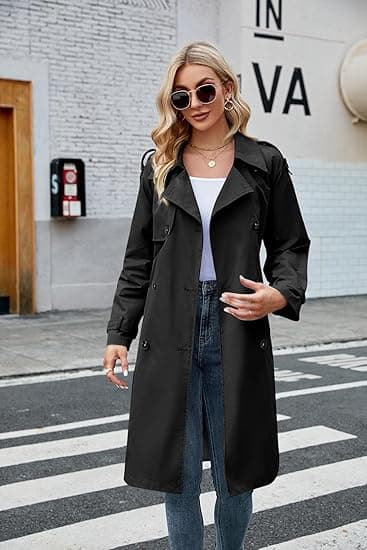 Kvinner Dobbelspent Lang Trenchcoat med Belte Svart Black XL