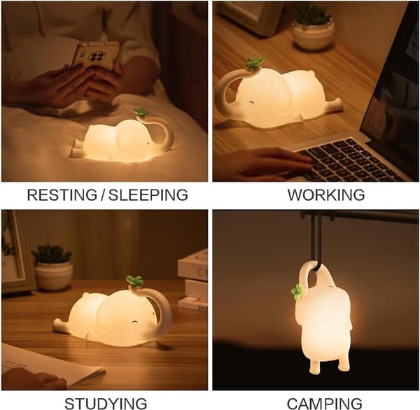 Nattlampe, Elefant Nattlampe, Barnerom, Matsikker Silikon, Dimbar, USB-Lading, Søt Elefant