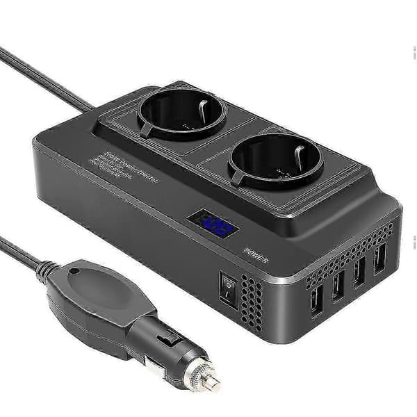 200w Bilinverter, Spændingsomformer 12v Til 220v Med Smart Tidsdisplay Lcd, 2 Stik Og 4 Usb C[2F]