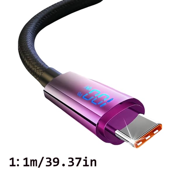 Ekstra lang USB C-oplader med spændingsmåler 120W superhurtig opladerkabel 1 meter 1 meter digital display blue