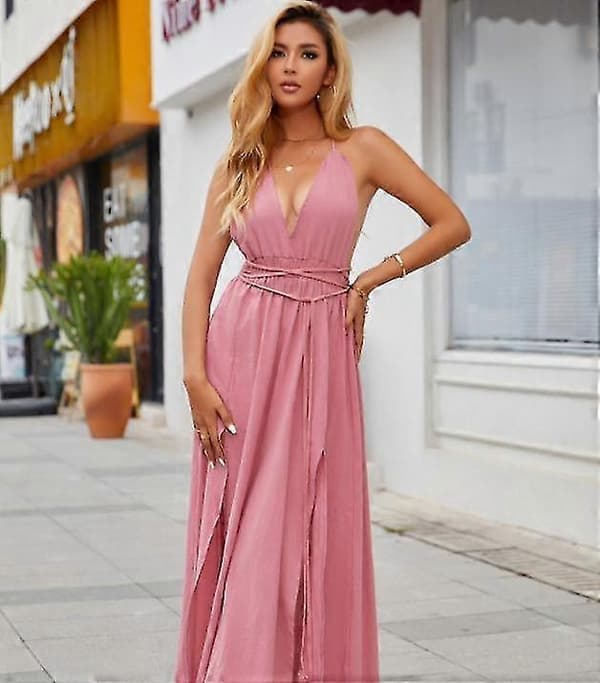 【2F】Kvinner V-hals Ermeløs Uformell Splitt Boho rosa S