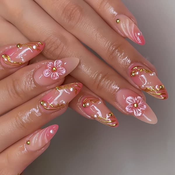 【2F】Trendy Press-on Negler 3D Blomsterkunst Press-on Negler Komfortabel ABS-konstruksjon