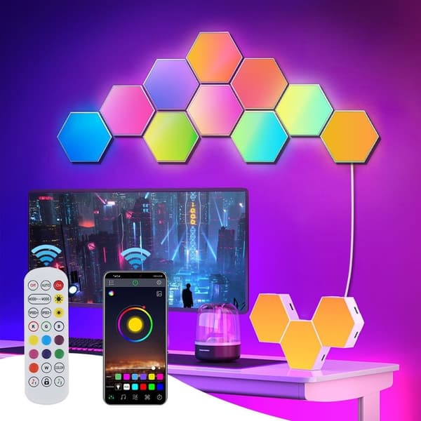 Hexagon Vegglampe / LED-lampe med 6 moduler – Fjernkontroll 1000 2-Pack